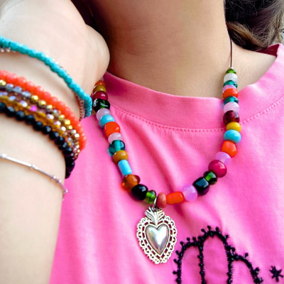 Collier "Cœur ex-voto Frida in bloom"