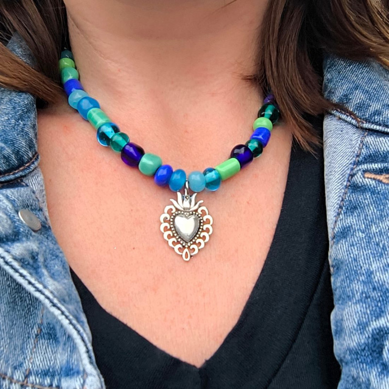 Collier "Coeur ex-voto Bleu Océan"
